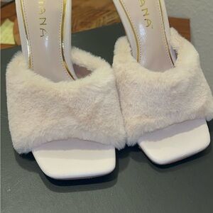 Liliana Cream Plush Strap Mules